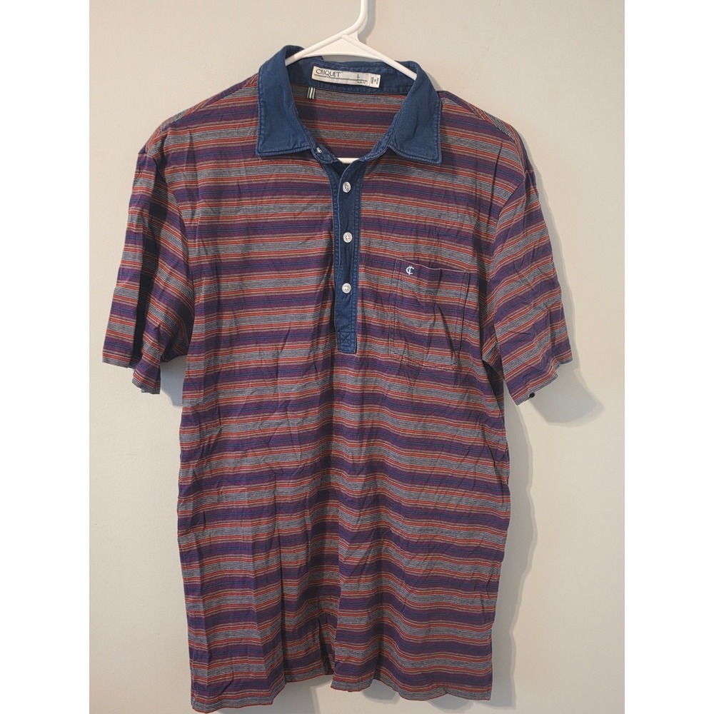Criquet Polo Shirt Mens L Multi Color Casual Striped Organic Cotton Slim Fit